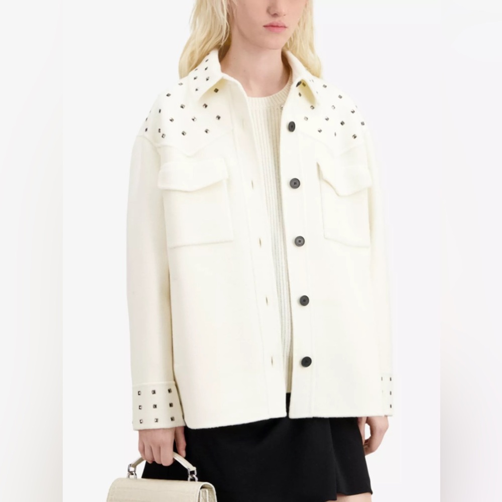 The Kooples Embellished Ecru Wool Blend Over-shirt Style Jacket with Studs - NWT